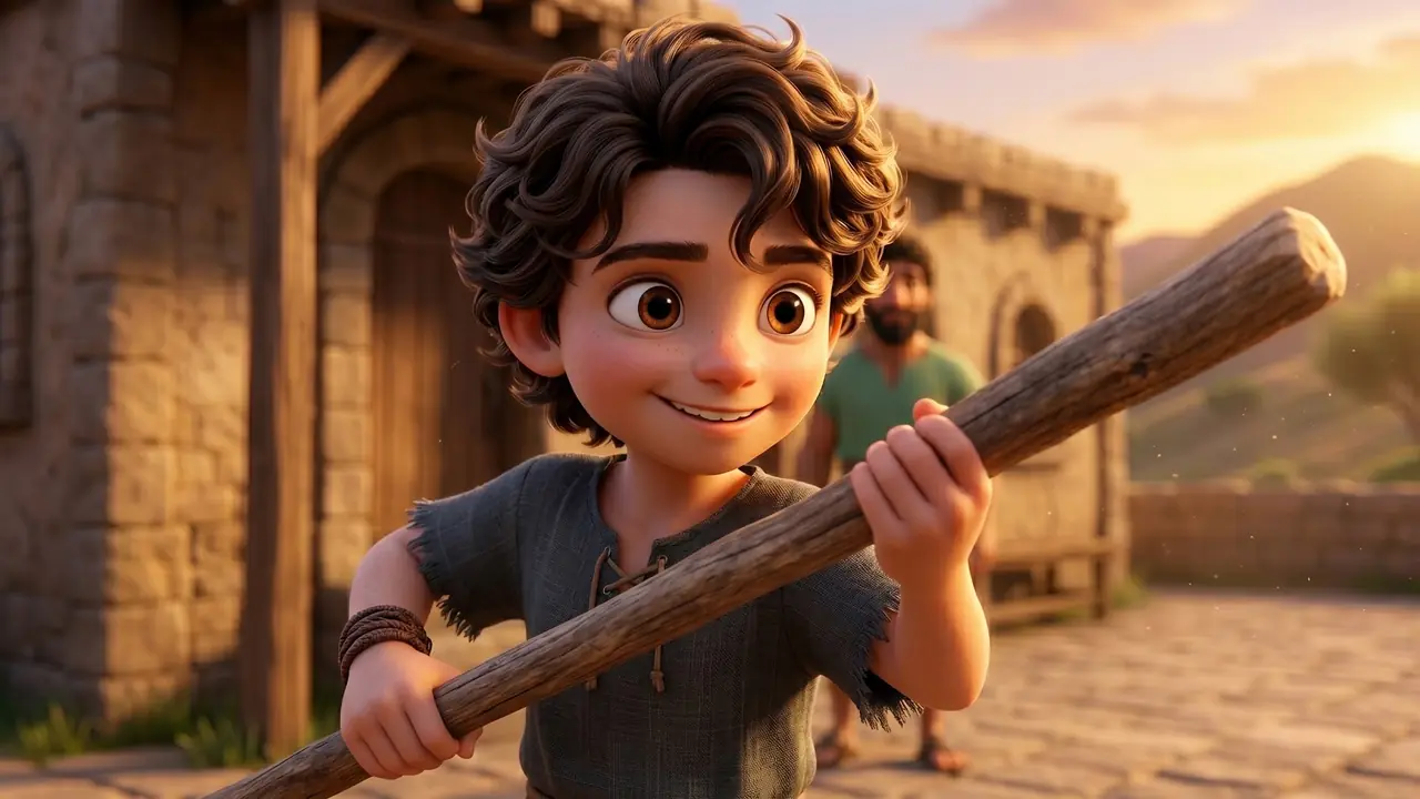 Young David grips his shepherd's staff with determination