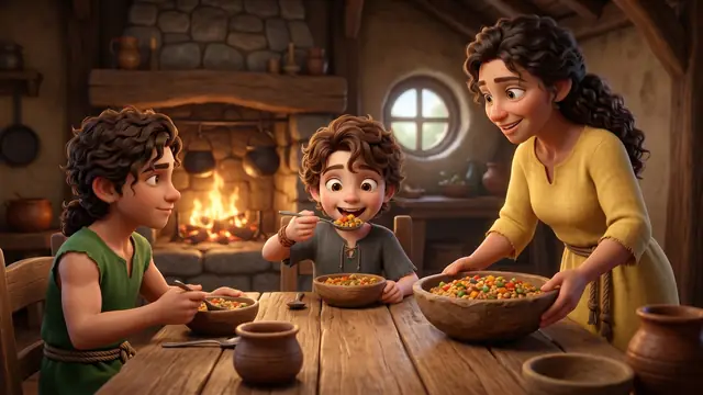 David's family shares a meal by the hearth