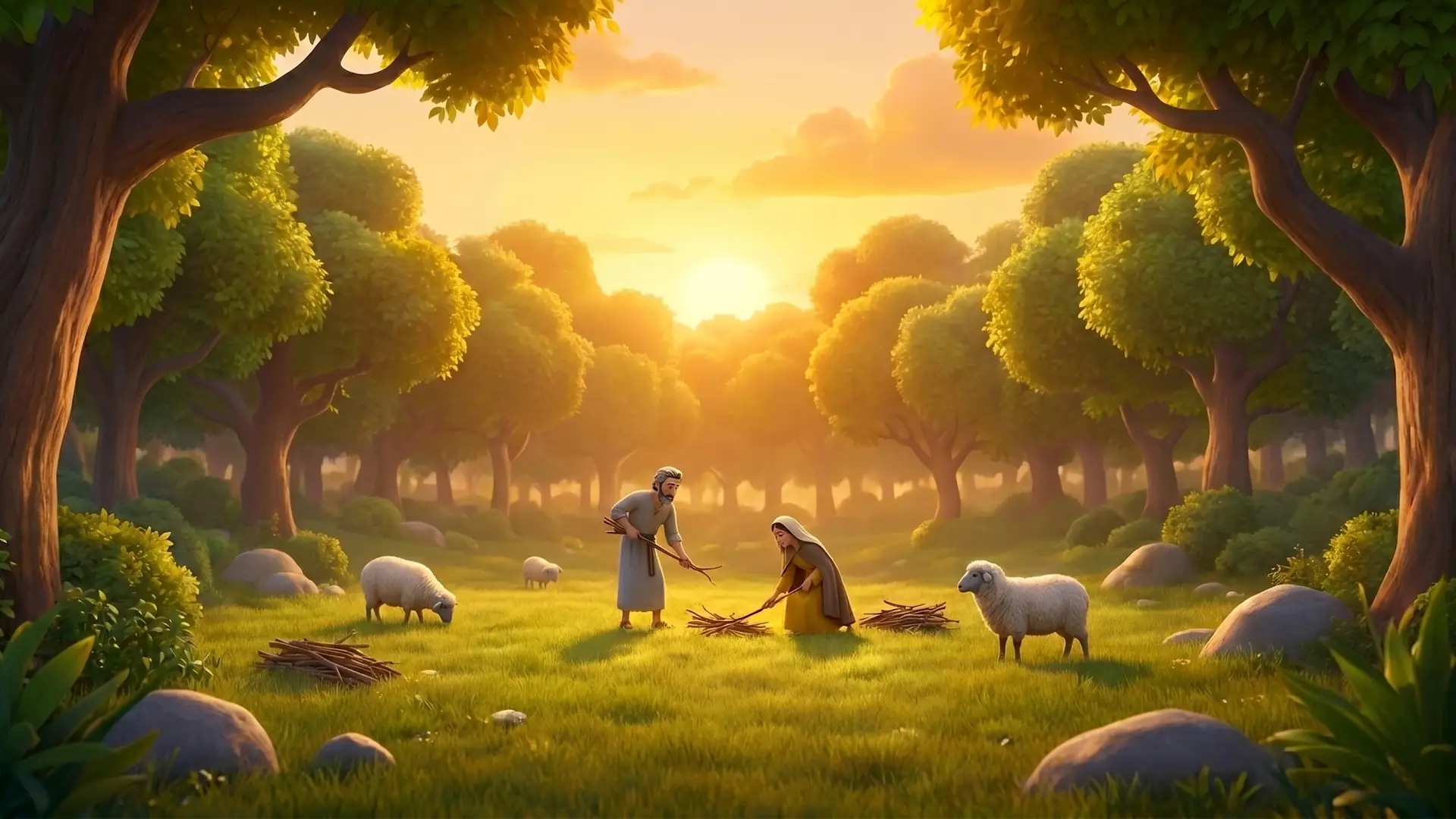 Jesse and his wife gather firewood in a sunlit meadow