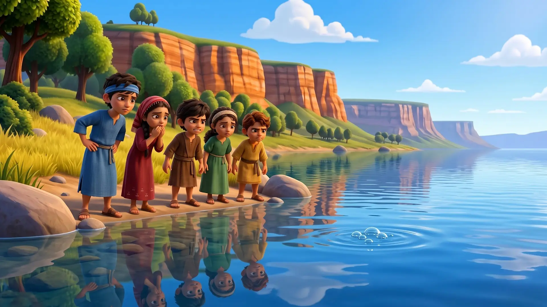 Children of Bethlehem stand at the edge of a shimmering lake
